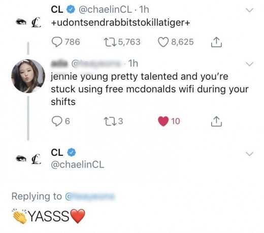 CL Twitter'da ona sataşan bir Jennie hayranına cevap verdi